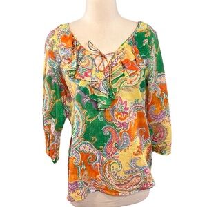Lauren Ralph Lauren Bright Ruffled Paisley Blouse size Medium Petite